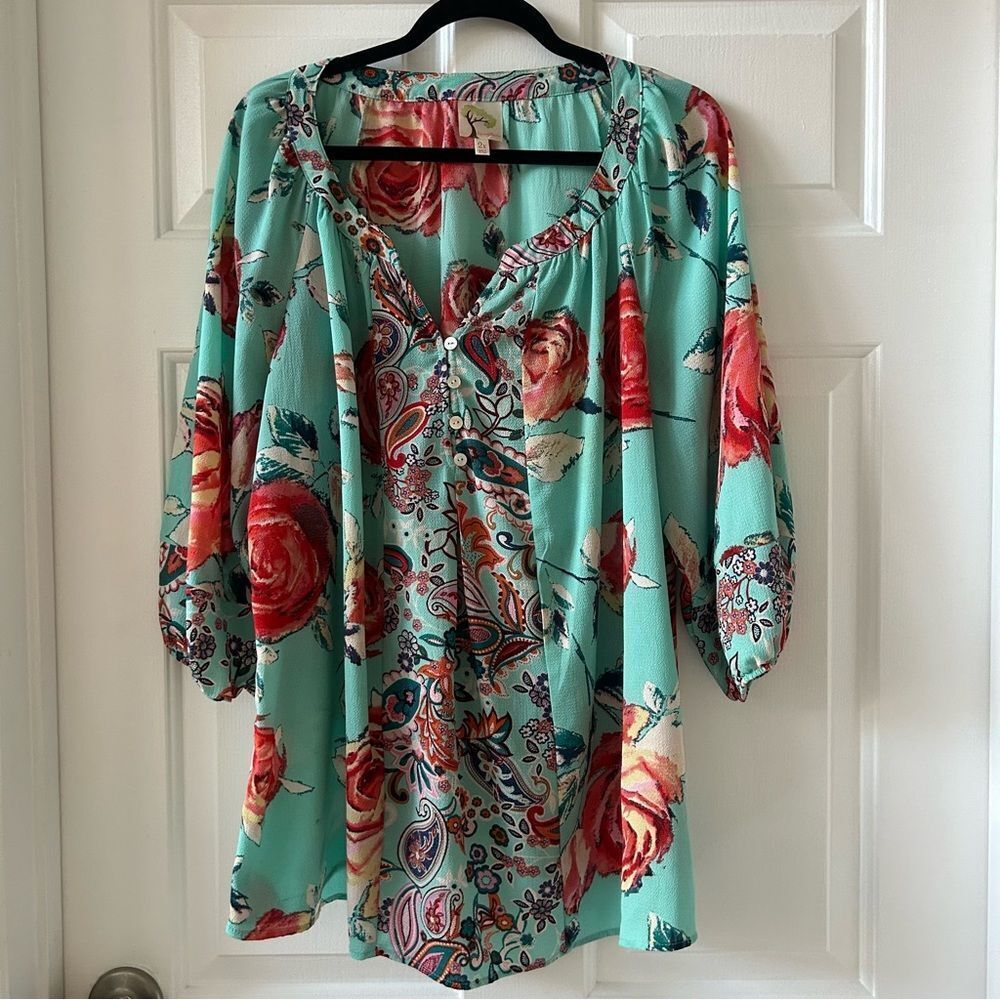 Anthropologie Fig and Flower Floral Rose Blouse Colorful